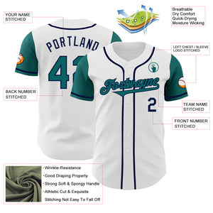 Custom White Teal-Navy Authentic Two Tone Baseball Jersey