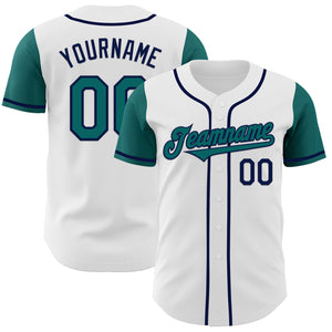 Custom White Teal-Navy Authentic Two Tone Baseball Jersey