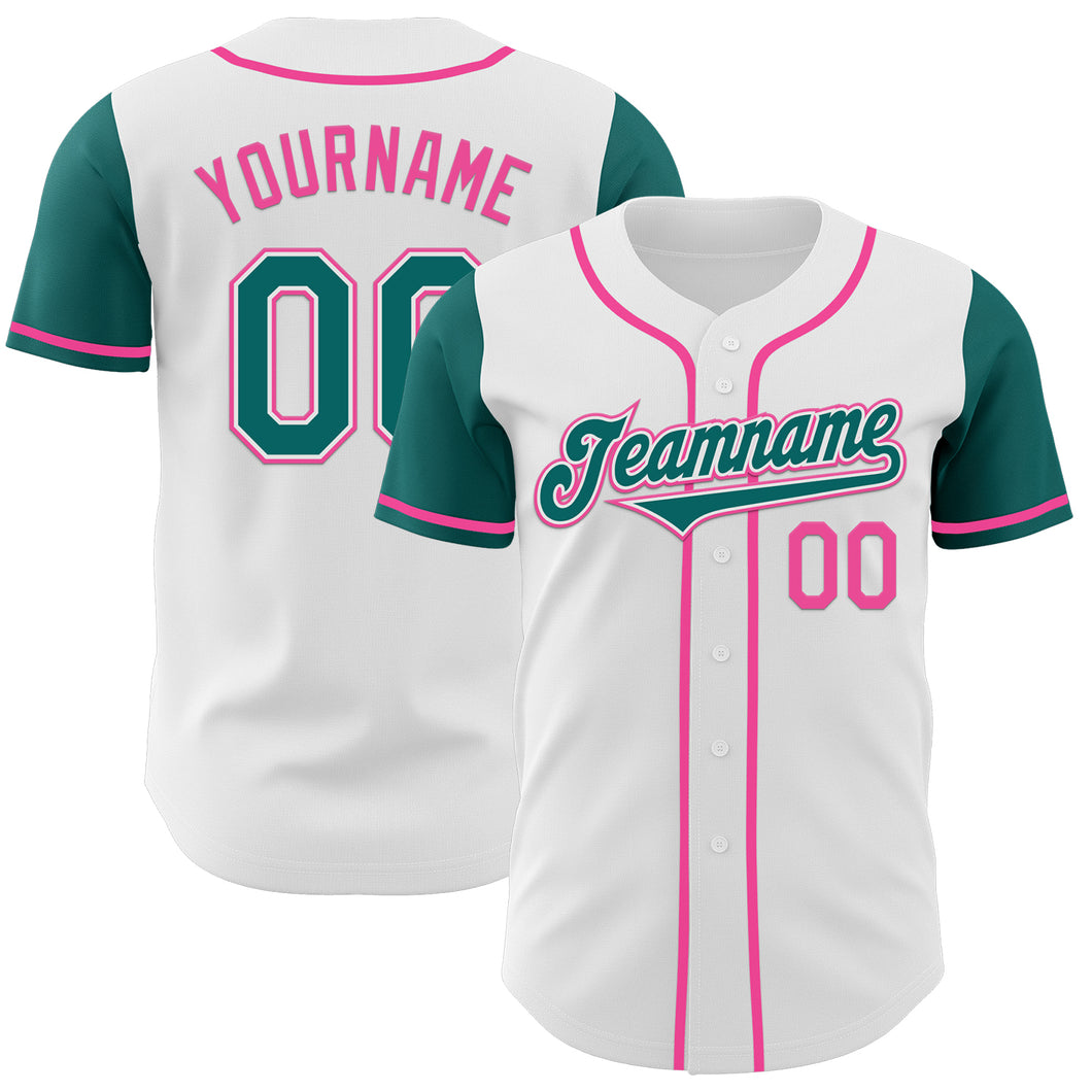 Custom White Teal-Pink Authentic Two Tone Baseball Jersey