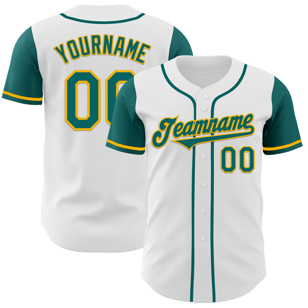 Custom White Teal-Gold Authentic Two Tone Baseball Jersey