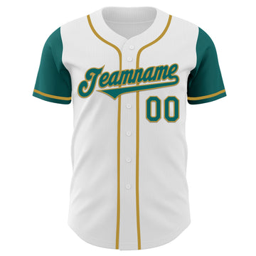 Custom White Teal-Old Gold Authentic Two Tone Baseball Jersey