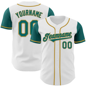 Custom White Teal-Old Gold Authentic Two Tone Baseball Jersey