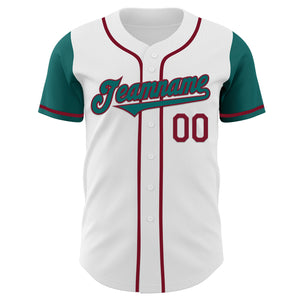 Custom White Teal-Crimson Authentic Two Tone Baseball Jersey