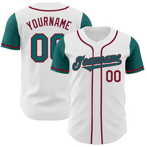 Custom White Teal-Crimson Authentic Two Tone Baseball Jersey