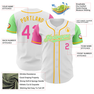 Custom White Pink Pea Green-Gold Authentic Two Tone Baseball Jersey