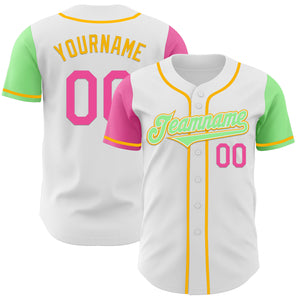 Custom White Pink Pea Green-Gold Authentic Two Tone Baseball Jersey