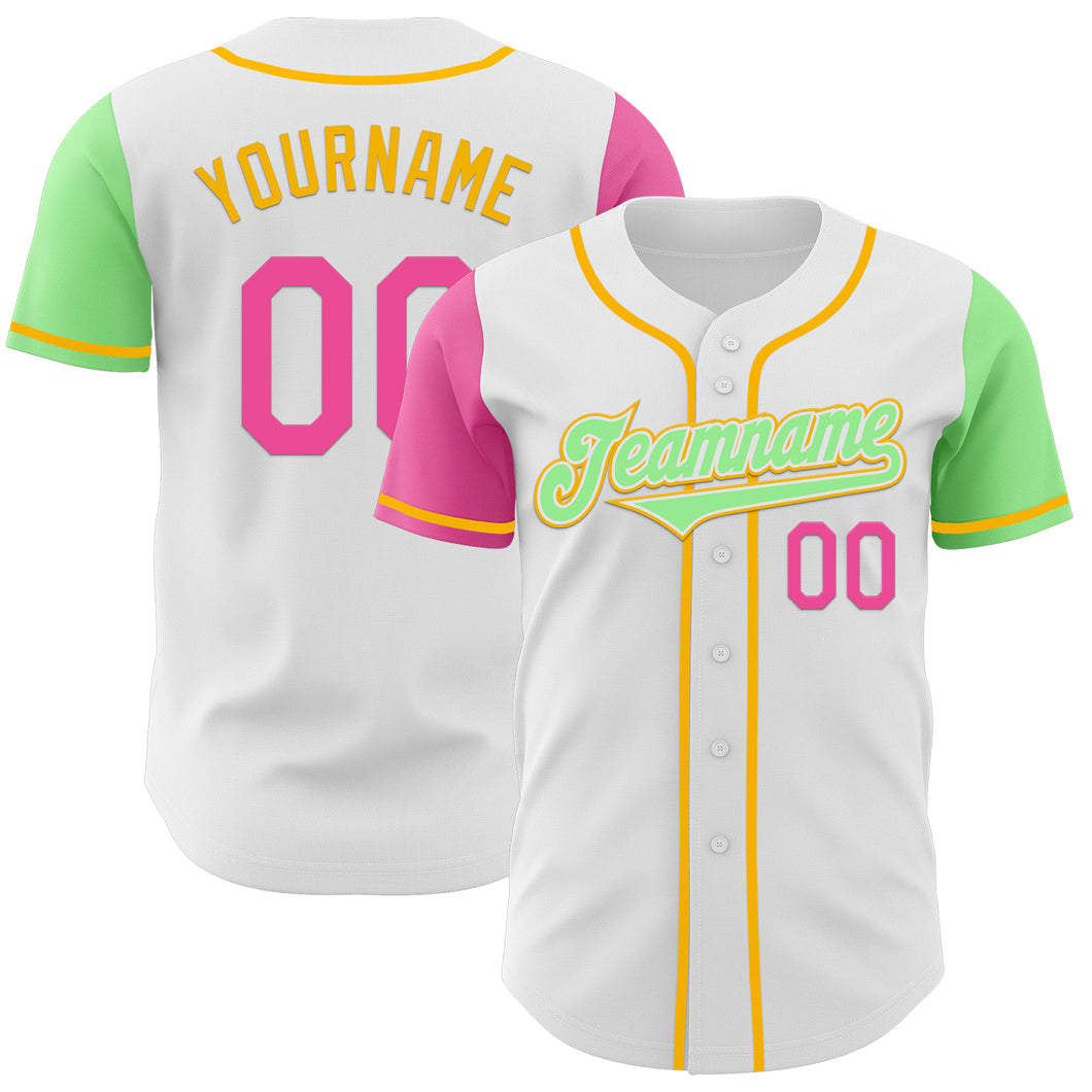 Custom White Pink Pea Green-Gold Authentic Two Tone Baseball Jersey