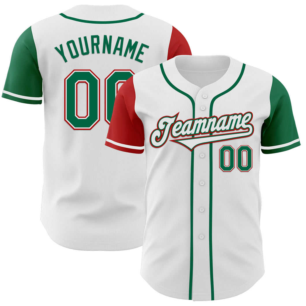 Custom White Kelly Green-Red Authentic Two Tone Baseball Jersey