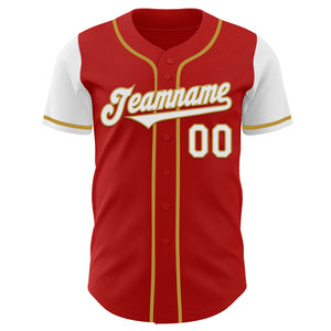 Custom Red White-Old Gold Authentic Two Tone Baseball Jersey