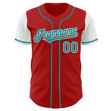 Custom Red Teal-White Authentic Two Tone Baseball Jersey