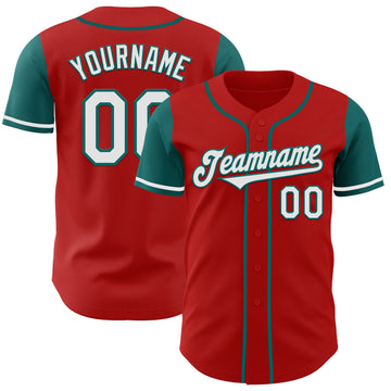 Custom Red White-Teal Authentic Two Tone Baseball Jersey