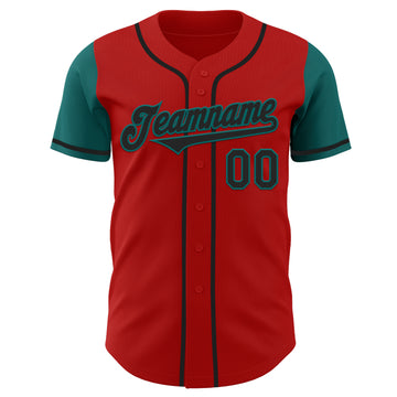 Custom Red Black-Teal Authentic Two Tone Baseball Jersey