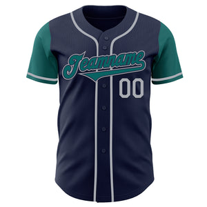 Custom Navy Teal-Gray Authentic Two Tone Baseball Jersey