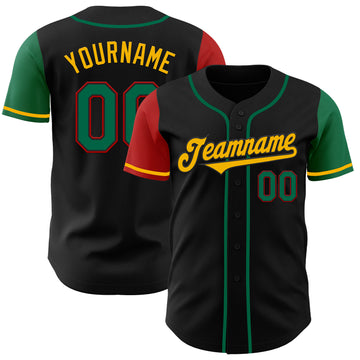 Custom Black Kelly Green Red-Gold Authentic Two Tone Baseball Jersey