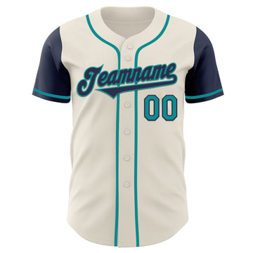 Custom Cream Navy-Teal Authentic Two Tone Baseball Jersey