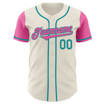 Custom Cream Pink-Teal Authentic Two Tone Baseball Jersey