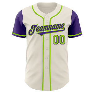 Custom Cream Purple-Neon Green Authentic Two Tone Baseball Jersey