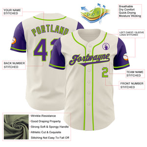 Custom Cream Purple-Neon Green Authentic Two Tone Baseball Jersey