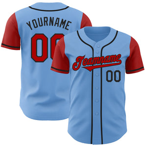 Custom Light Blue Red-Black Authentic Two Tone Baseball Jersey