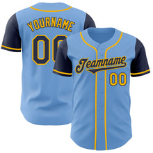 Load image into Gallery viewer, Custom Light Blue Navy-Gold Authentic Two Tone Baseball Jersey
