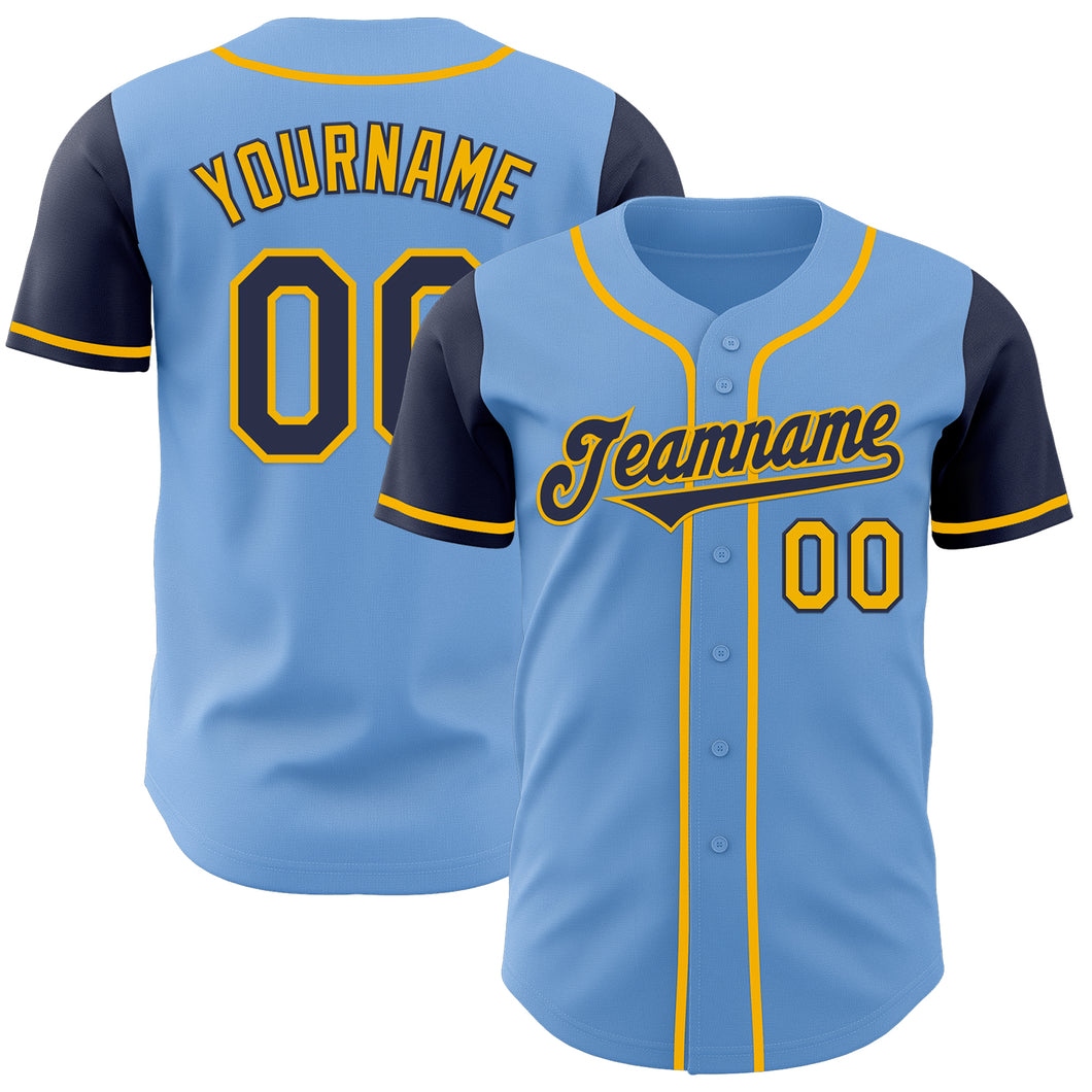 Custom Light Blue Navy-Gold Authentic Two Tone Baseball Jersey