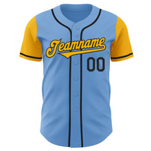 Load image into Gallery viewer, Custom Light Blue Gold-Black Authentic Two Tone Baseball Jersey
