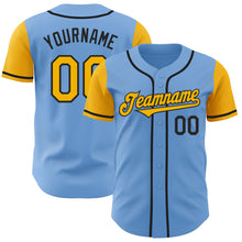 Load image into Gallery viewer, Custom Light Blue Gold-Black Authentic Two Tone Baseball Jersey
