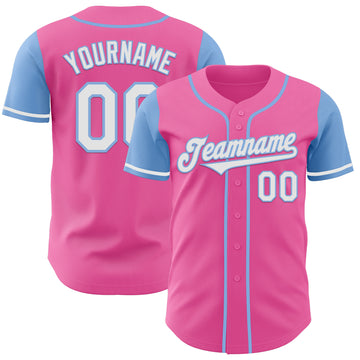 Custom Pink White-Light Blue Authentic Two Tone Baseball Jersey