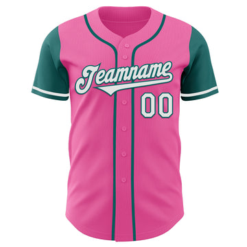 Custom Pink White-Teal Authentic Two Tone Baseball Jersey