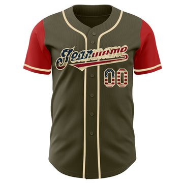 Custom Olive Vintage USA Flag Red-Cream Authentic Two Tone Salute To Service Baseball Jersey