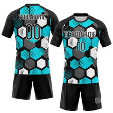 Laden Sie das Bild in den Galerie-Viewer, Custom Black Aqua-White Geometric Shape Sublimation Volleyball Uniform Jersey
