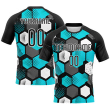 Laden Sie das Bild in den Galerie-Viewer, Custom Black Aqua-White Geometric Shape Sublimation Volleyball Uniform Jersey
