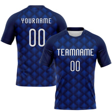 Load image into Gallery viewer, Custom Navy White-Thunder Blue Geometric Shape Sublimation Volleyball Uniform Jersey
