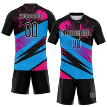 Laden Sie das Bild in den Galerie-Viewer, Custom Black Sky Blue-Pink Geometric Shape And Splash Sublimation Volleyball Uniform Jersey
