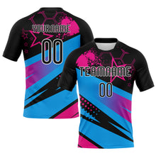 Load image into Gallery viewer, Custom Black Sky Blue-Pink Geometric Shape And Splash Sublimation Volleyball Uniform Jersey
