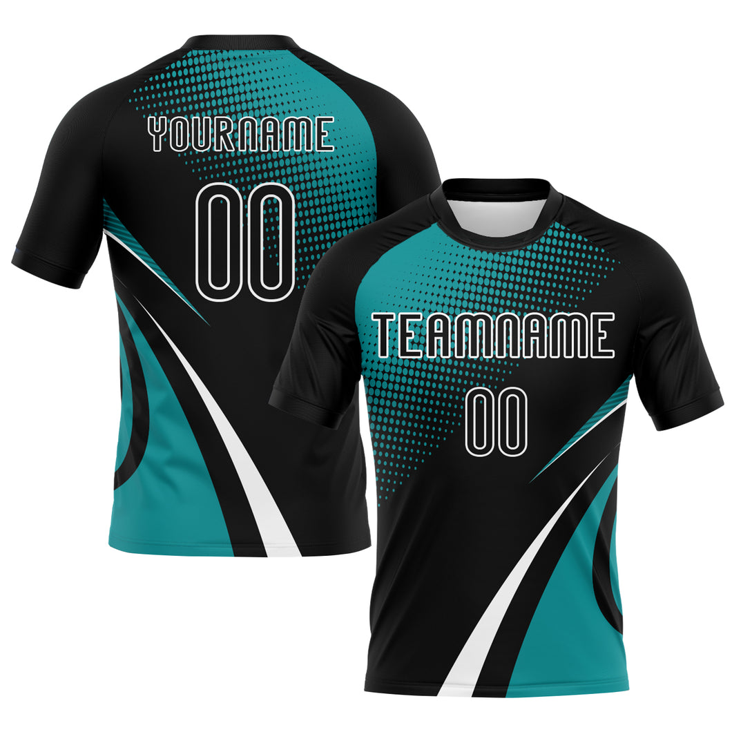 Custom Black Teal-White Lines And Dots Sublimation Volleyball Uniform Jersey