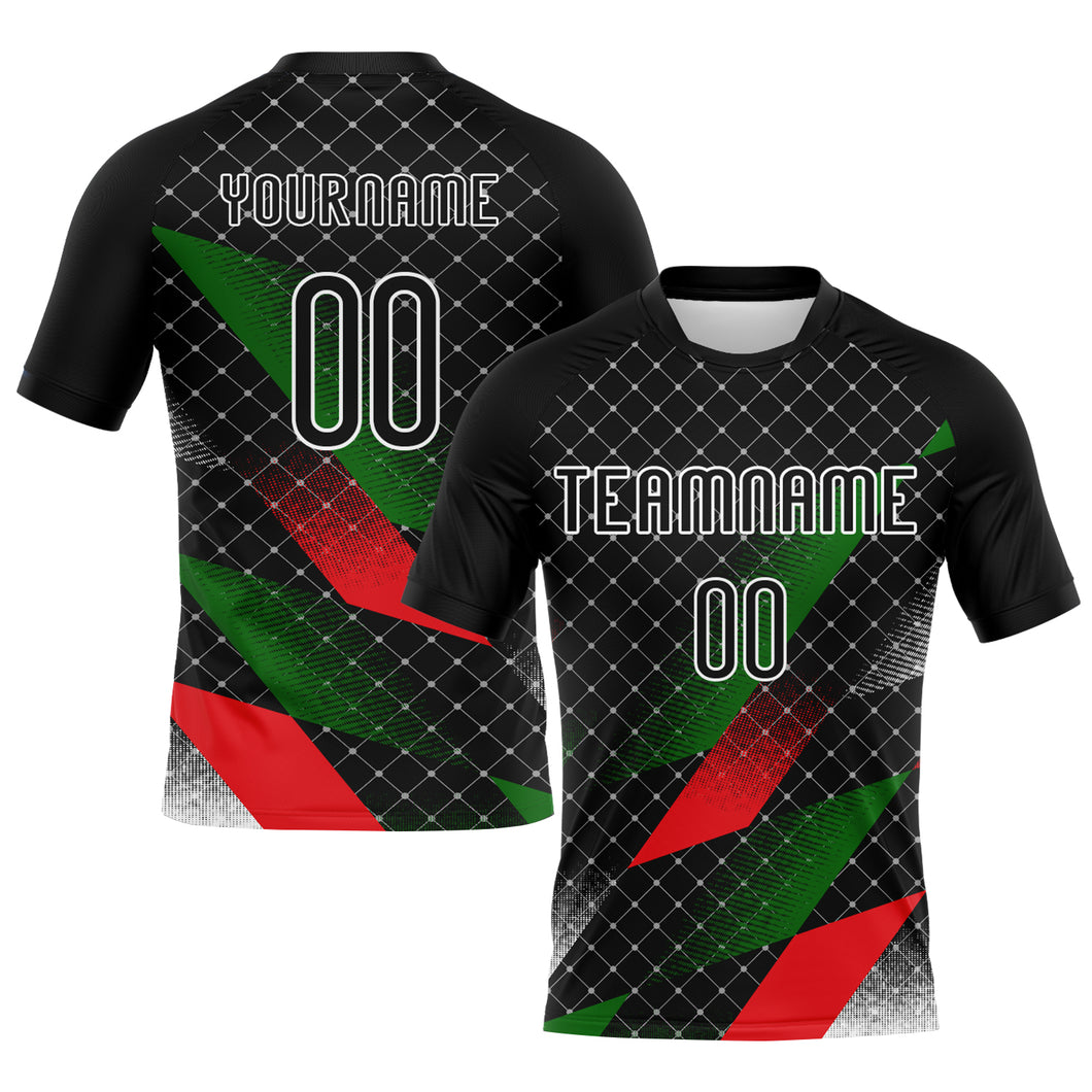 Custom Black Red-Kelly Green Palestine Geometric Shape Sublimation Volleyball Uniform Jersey