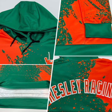 Custom Stitched Kelly Green Orange-White 3D Pattern Design Abstract Brush Stroke Sports Pullover Sweatshirt Hoodie