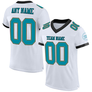 Custom White Teal Old Gold-Black Mesh Authentic Football Jersey