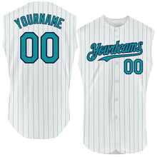 Load image into Gallery viewer, Custom White Teal Pinstripe Navy Authentic Sleeveless Baseball Jersey
