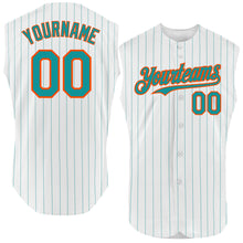 Load image into Gallery viewer, Custom White Teal Pinstripe Orange Authentic Sleeveless Baseball Jersey
