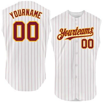 Custom White Crimson Pinstripe Gold Authentic Sleeveless Baseball Jersey