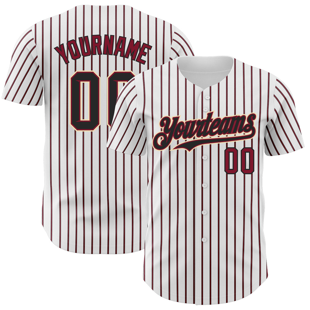 Custom White (Black Crimson Pinstripe) Black Crimson-Cream Authentic Baseball Jersey