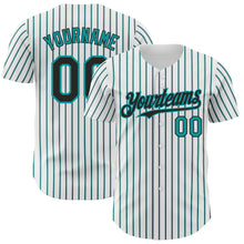 Laden Sie das Bild in den Galerie-Viewer, Custom White (Black Teal Pinstripe) Black-Teal Authentic Baseball Jersey
