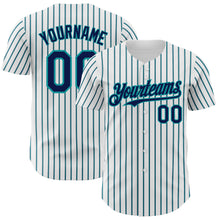 Load image into Gallery viewer, Custom White (Navy Teal Pinstripe) Navy-Teal Authentic Baseball Jersey
