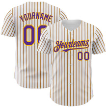 Load image into Gallery viewer, Custom White (Purple Gold Pinstripe) Purple-Gold Authentic Baseball Jersey
