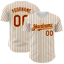 Load image into Gallery viewer, Custom White (Crimson Gold Pinstripe) Crimson-Gold Authentic Baseball Jersey
