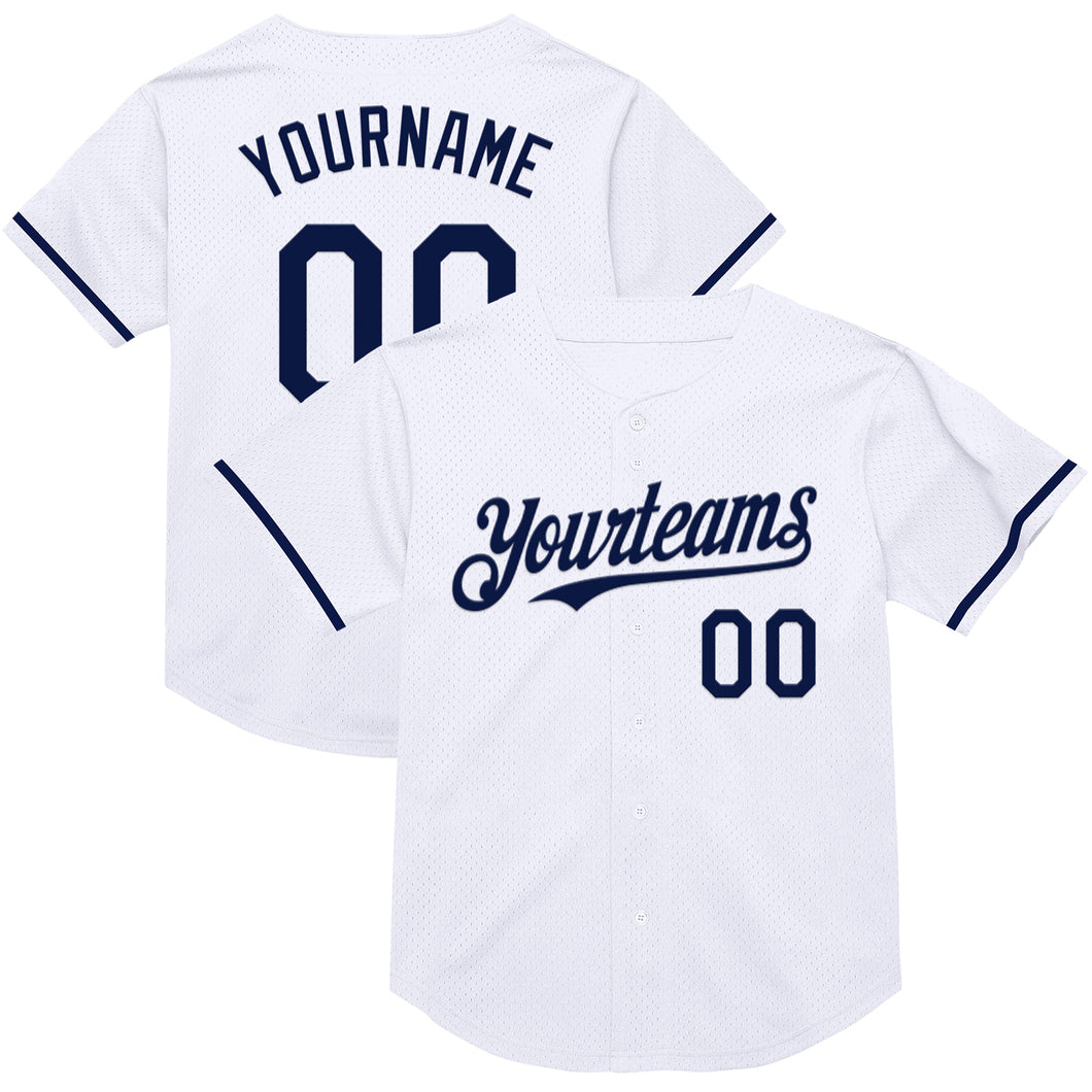 Custom White Navy Mesh Authentic Throwback Baseball Jersey