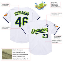 Load image into Gallery viewer, Custom White Navy-Neon Green Mesh Authentic Throwback Baseball Jersey
