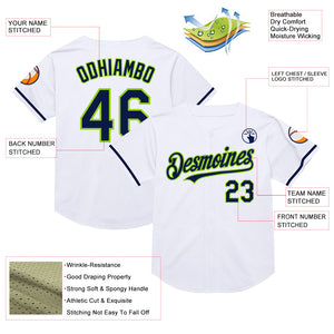 Custom White Navy-Neon Green Mesh Authentic Throwback Baseball Jersey